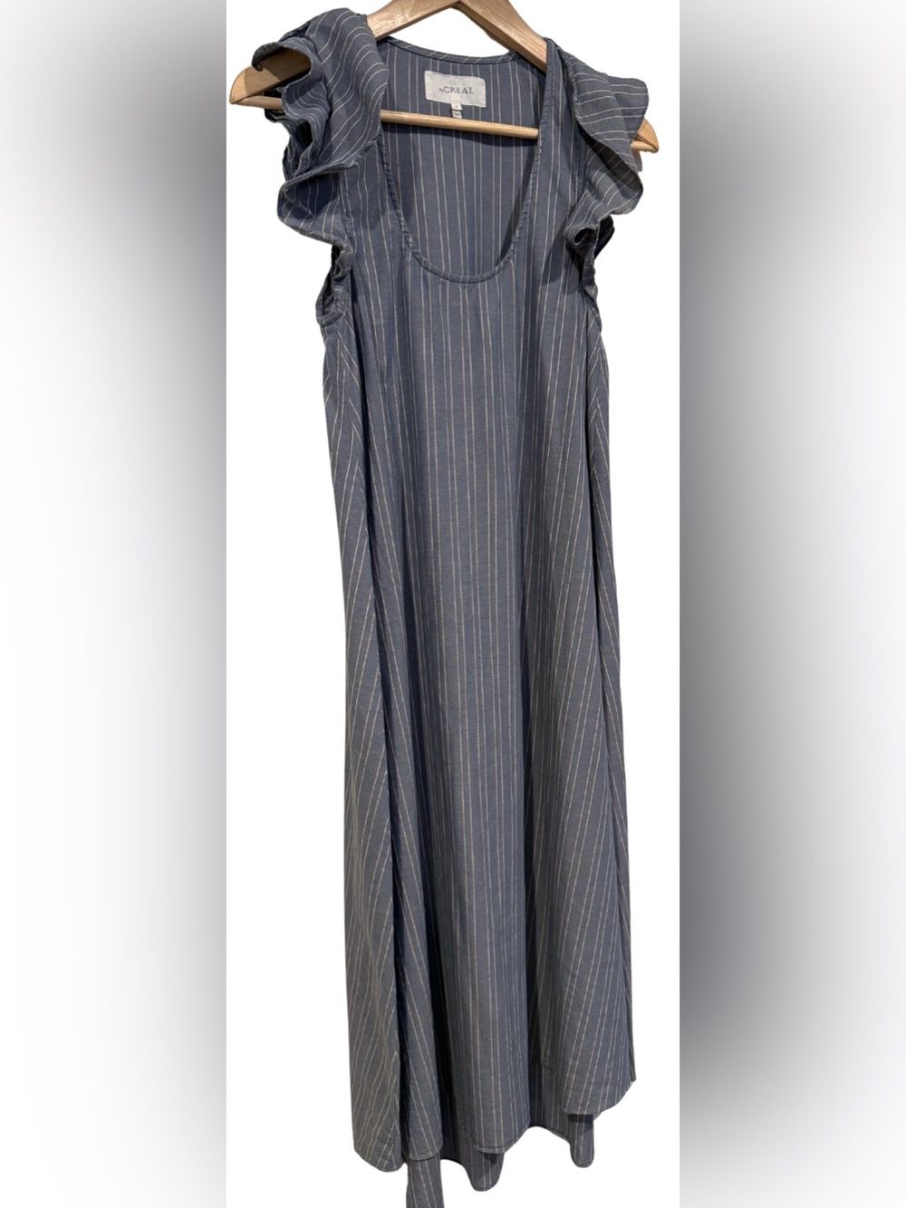 The Great. 100% Cotton Petal Stripe Chambray Dress 0 Flutter Sleeve Coastal Prep - Picture 3 of 9